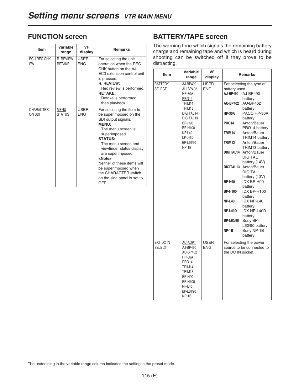 Setting menu screens, Battery/tape screen, Function screen | Vtr main menu | Panasonic AJ-HDC27FE User Manual | Page 115 / 136