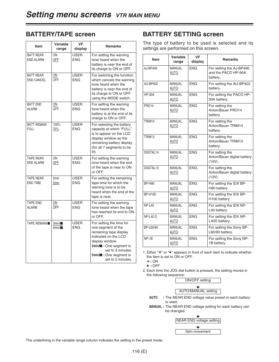 Setting menu screens, Battery setting screen, Battery/tape screen | Vtr main menu | Panasonic AJ-HDC27FE User Manual | Page 116 / 136