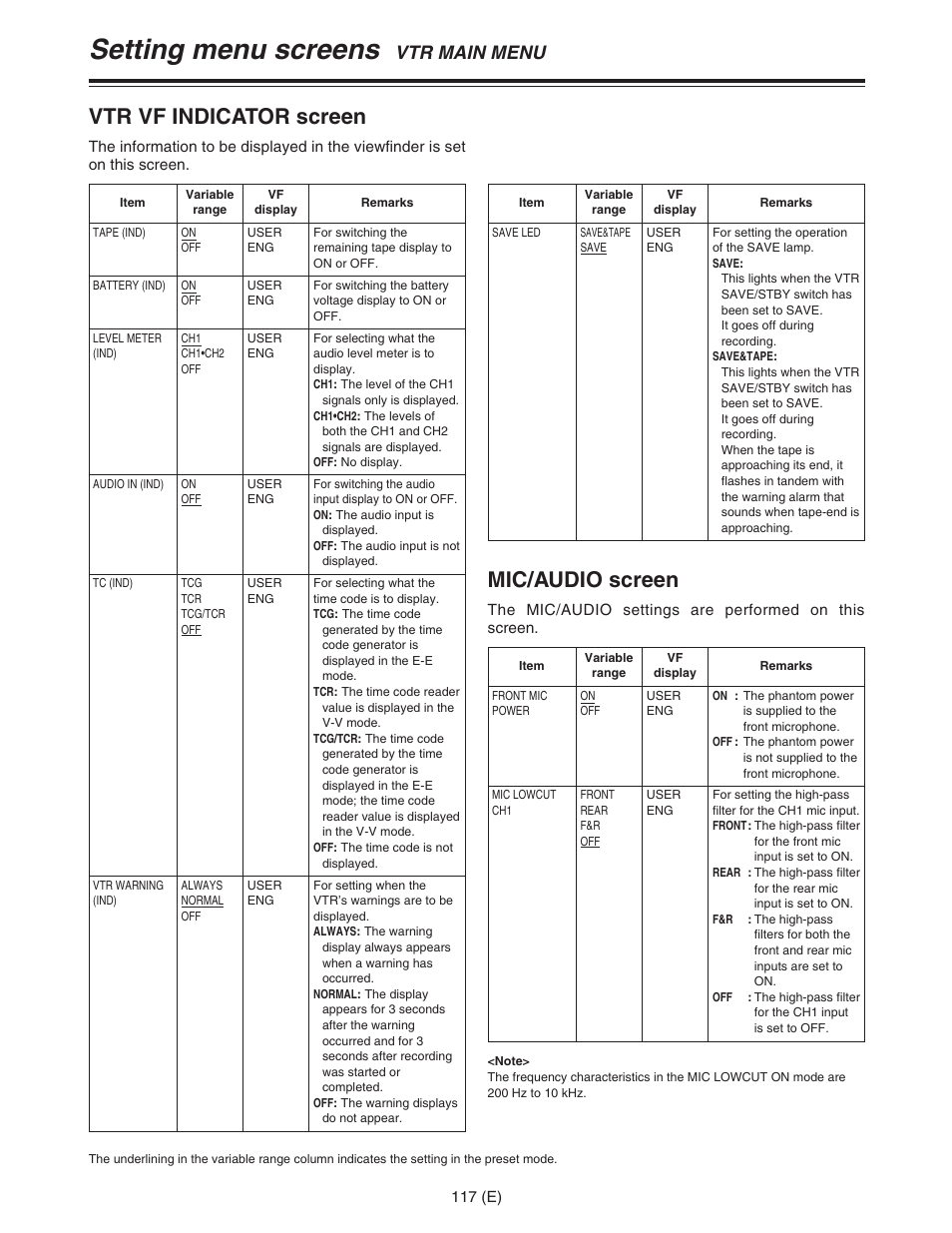 Setting menu screens, Vtr vf indicator screen, Mic/audio screen | Vtr main menu | Panasonic AJ-HDC27FE User Manual | Page 117 / 136