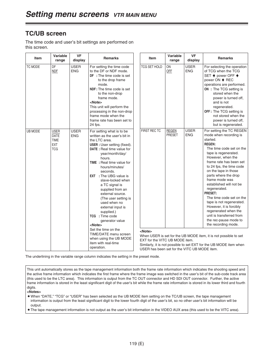 Setting menu screens, Tc/ub screen, Vtr main menu | Panasonic AJ-HDC27FE User Manual | Page 119 / 136