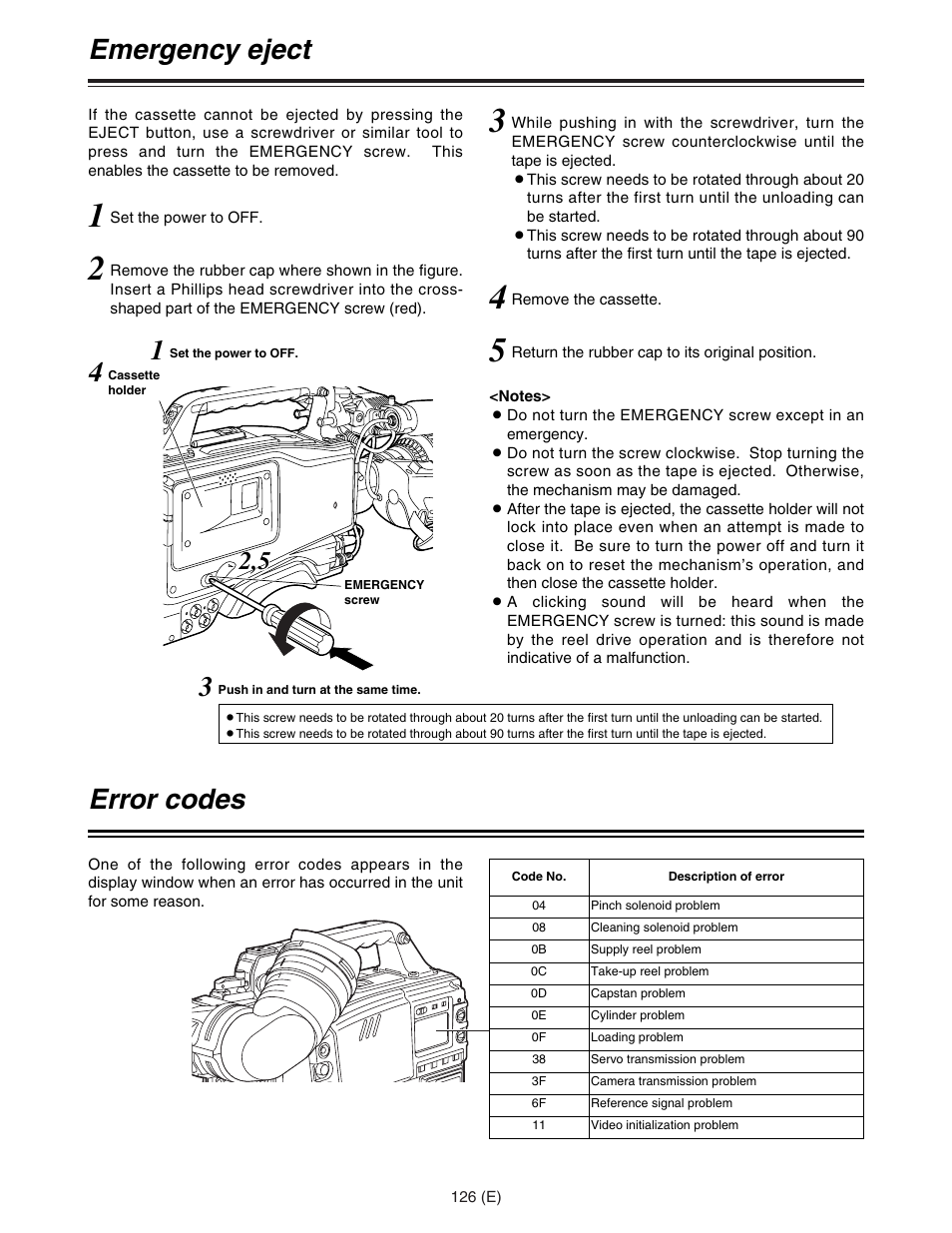 Emergency eject, Error codes | Panasonic AJ-HDC27FE User Manual | Page 126 / 136