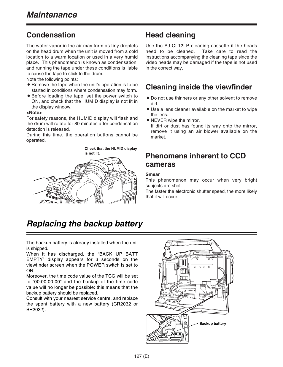Maintenance, Replacing the backup battery, Condensation | Head cleaning, Cleaning inside the viewfinder, Phenomena inherent to ccd cameras | Panasonic AJ-HDC27FE User Manual | Page 127 / 136
