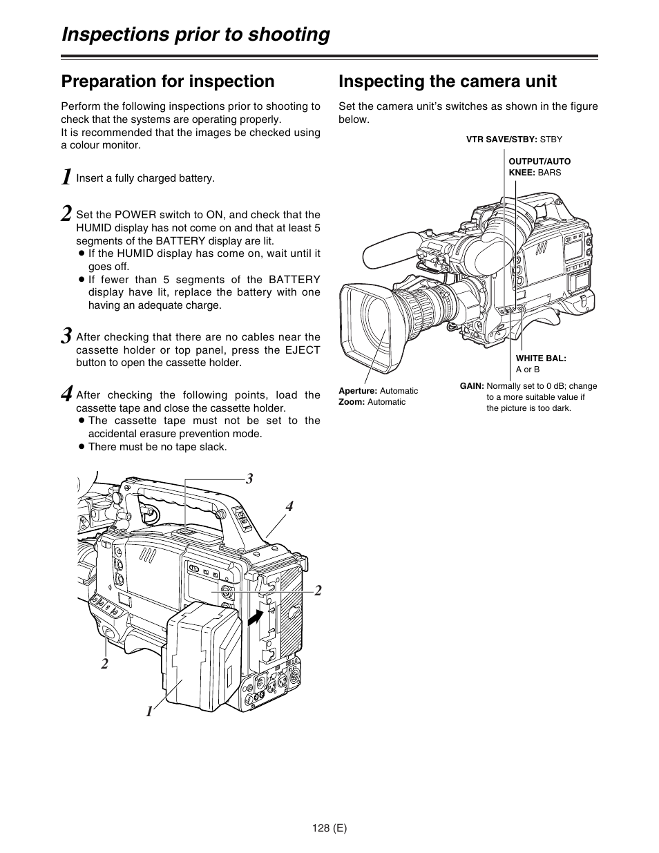 Inspections prior to shooting, Preparation for inspection, Inspecting the camera unit | Panasonic AJ-HDC27FE User Manual | Page 128 / 136