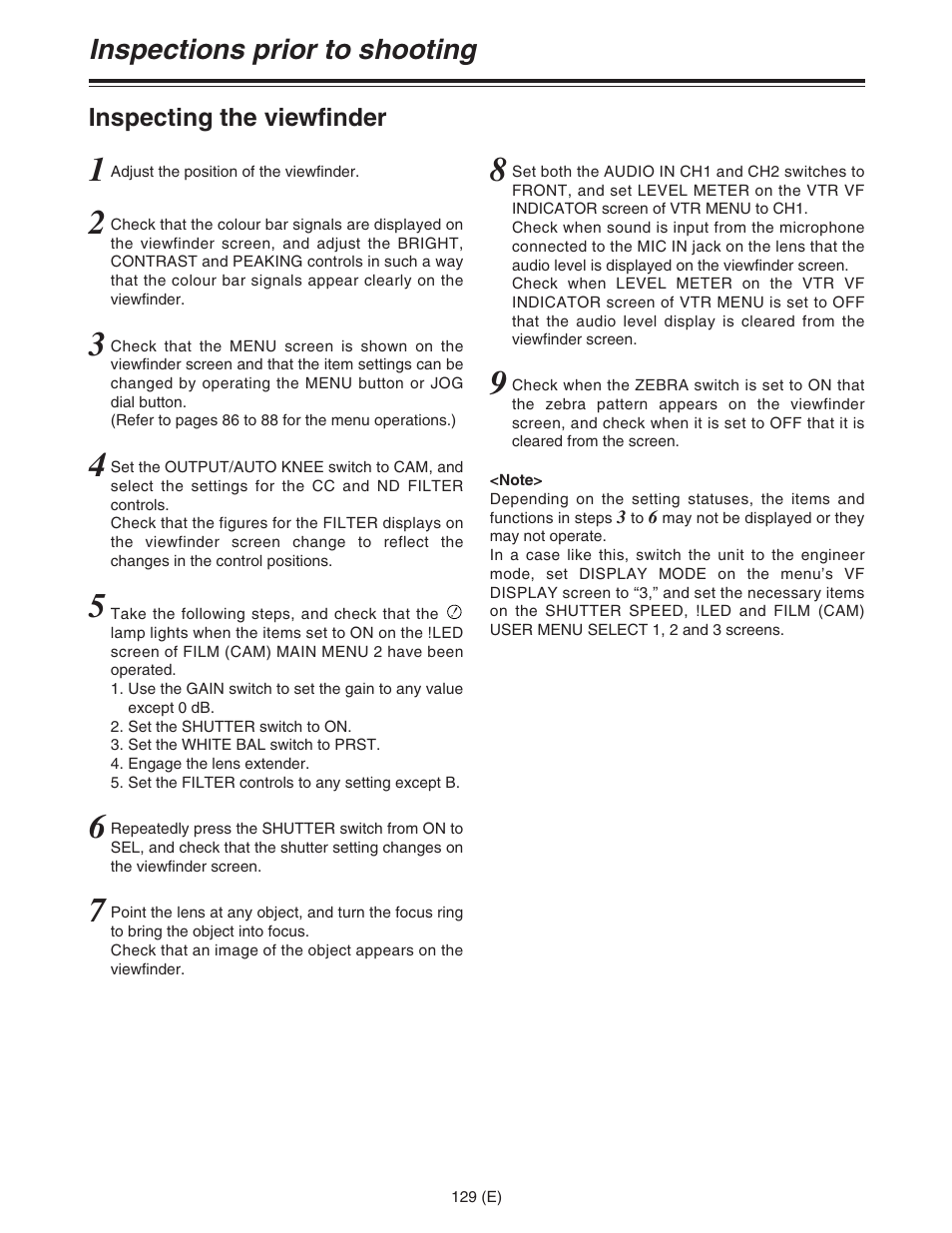 Inspections prior to shooting | Panasonic AJ-HDC27FE User Manual | Page 129 / 136