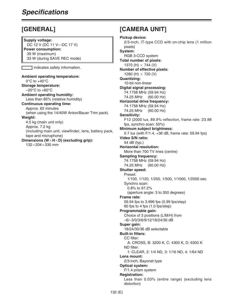 Specifications, General, Camera unit | Panasonic AJ-HDC27FE User Manual | Page 132 / 136