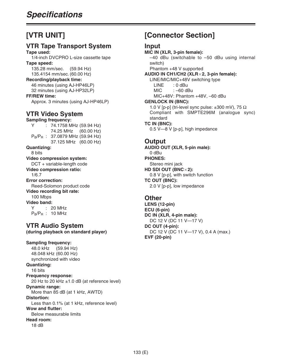 Specifications, Vtr tape transport system, Vtr video system | Vtr audio system, Input, Output, Other | Panasonic AJ-HDC27FE User Manual | Page 133 / 136