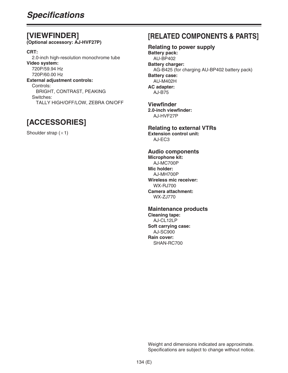 Specifications, Viewfinder, Accessories | Related components & parts | Panasonic AJ-HDC27FE User Manual | Page 134 / 136