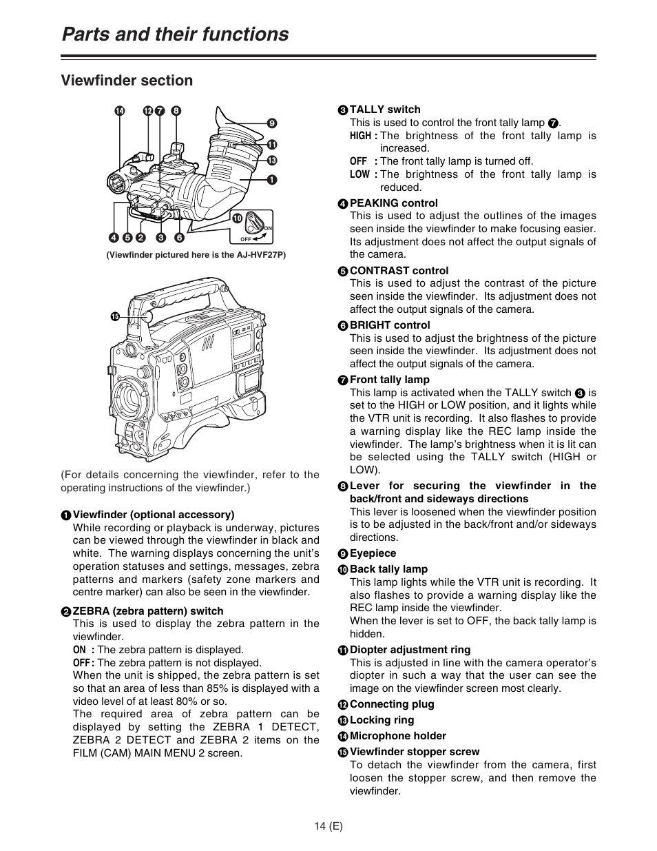 Parts and their functions | Panasonic AJ-HDC27FE User Manual | Page 14 / 136