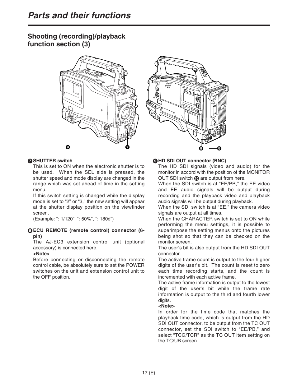 Parts and their functions | Panasonic AJ-HDC27FE User Manual | Page 17 / 136