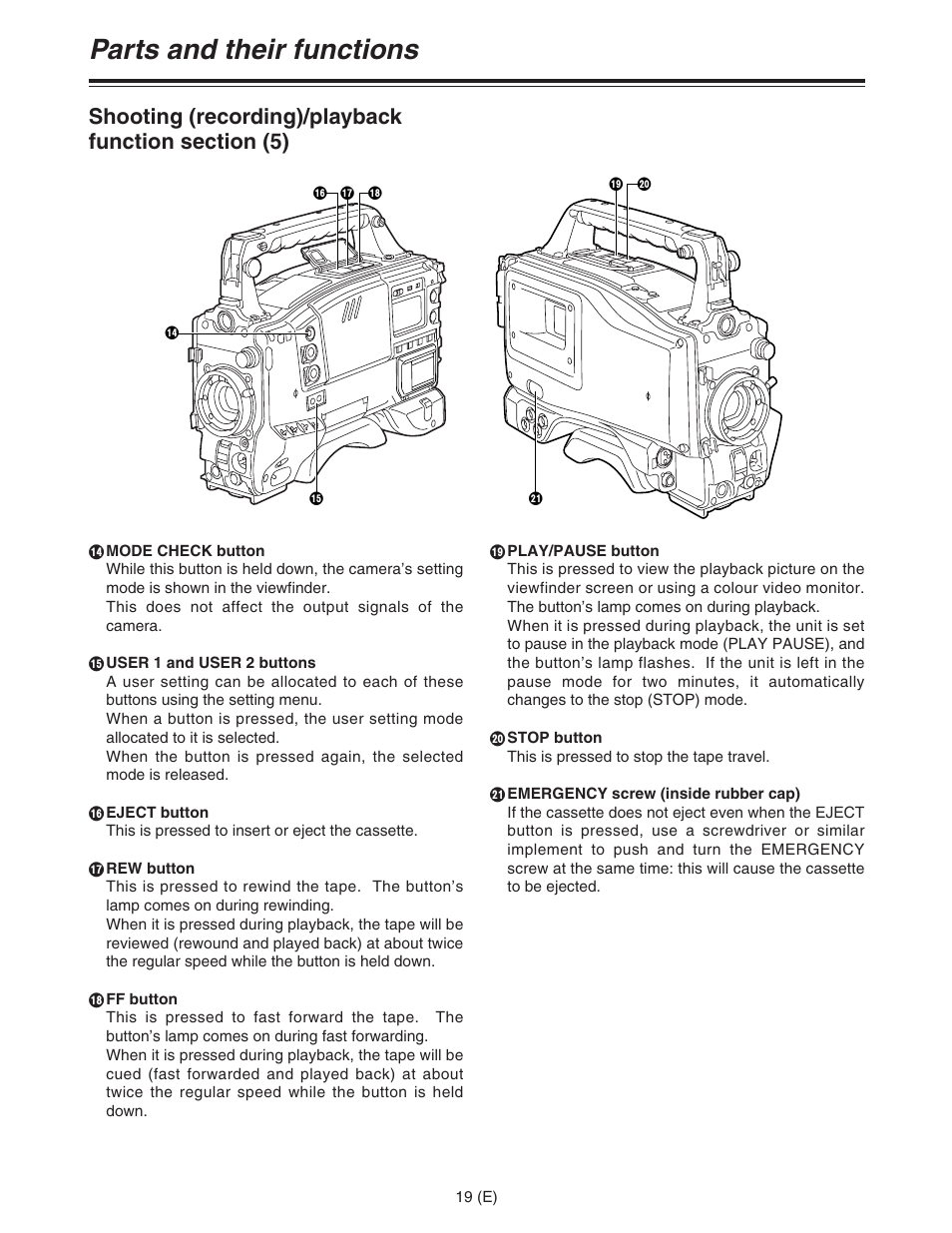 Parts and their functions | Panasonic AJ-HDC27FE User Manual | Page 19 / 136