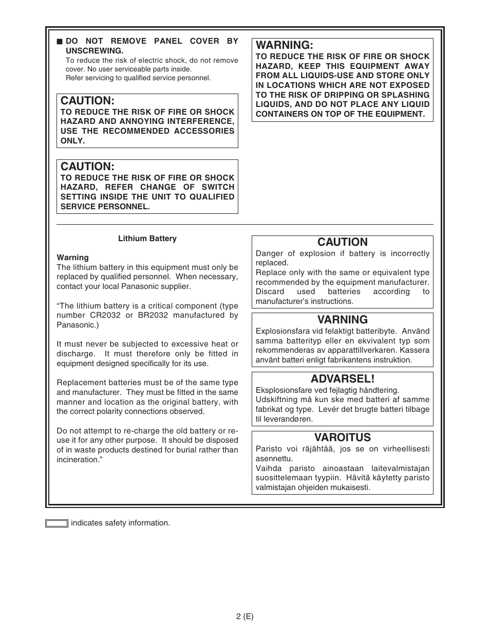 Warning, Caution, Varning | Advarsel, Varoitus | Panasonic AJ-HDC27FE User Manual | Page 2 / 136