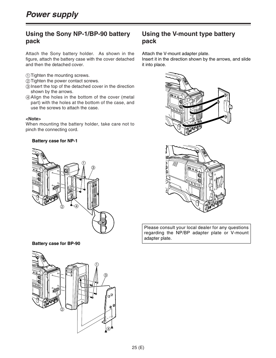 Power supply, Using the sony np-1/bp-90 battery pack, Using the v-mount type battery pack | Panasonic AJ-HDC27FE User Manual | Page 25 / 136