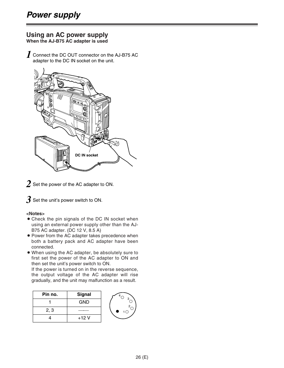 Power supply, Using an ac power supply | Panasonic AJ-HDC27FE User Manual | Page 26 / 136