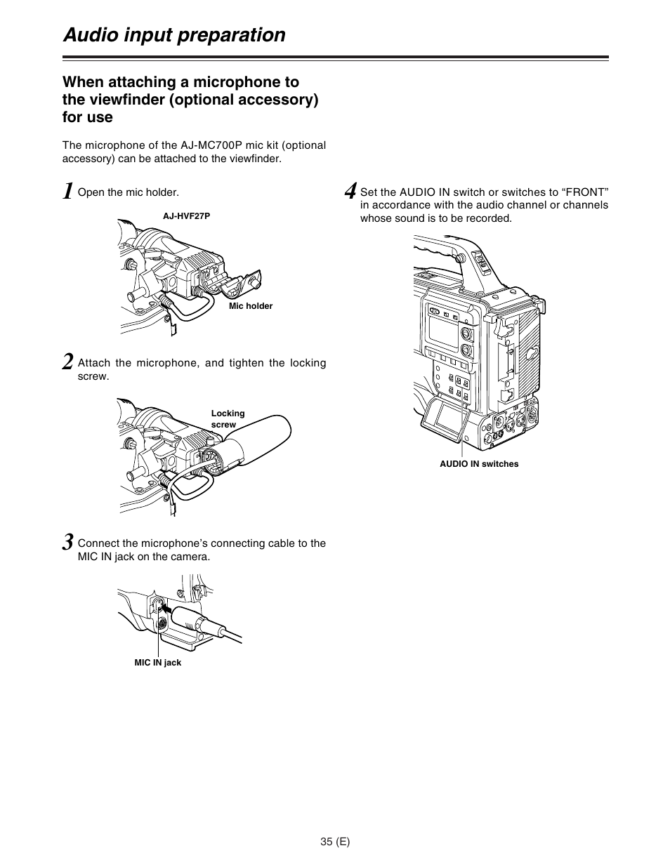 Audio input preparation | Panasonic AJ-HDC27FE User Manual | Page 35 / 136