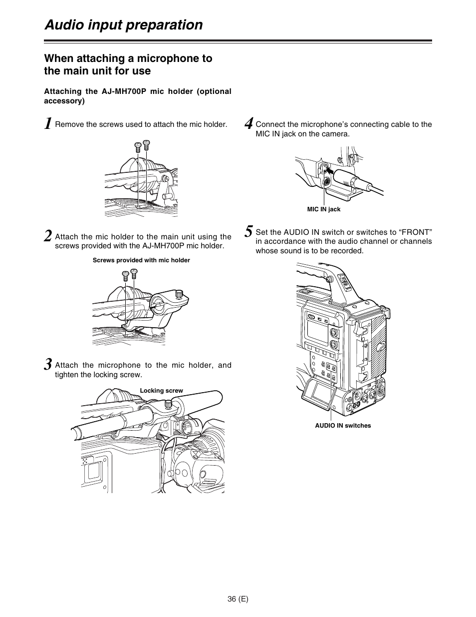 Audio input preparation | Panasonic AJ-HDC27FE User Manual | Page 36 / 136
