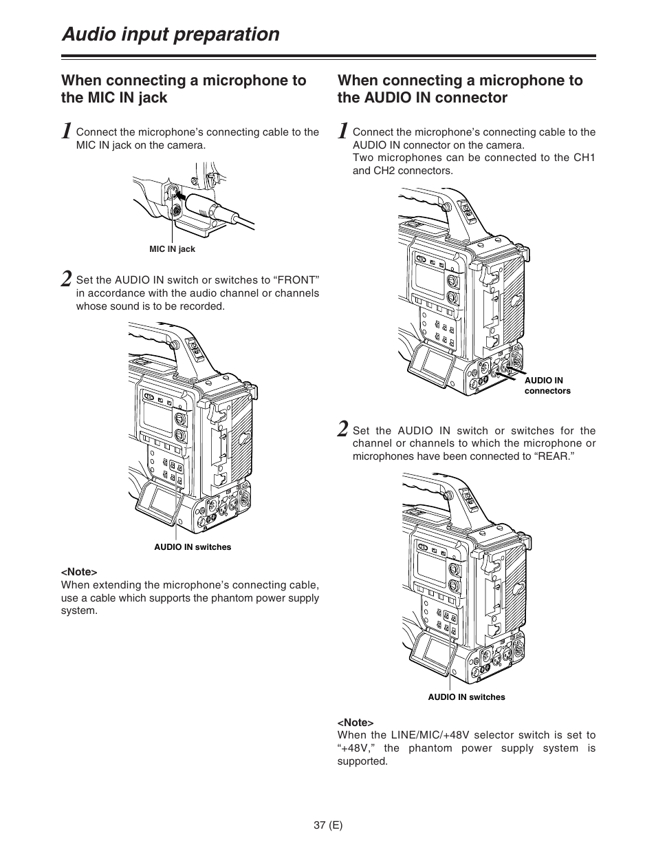 Audio input preparation | Panasonic AJ-HDC27FE User Manual | Page 37 / 136