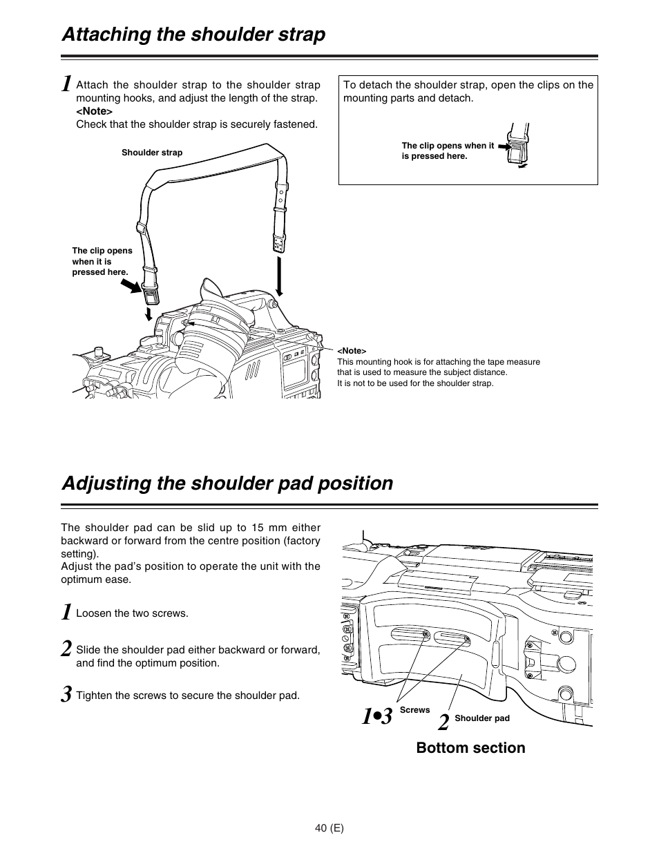 Attaching the shoulder strap, Adjusting the shoulder pad position | Panasonic AJ-HDC27FE User Manual | Page 40 / 136