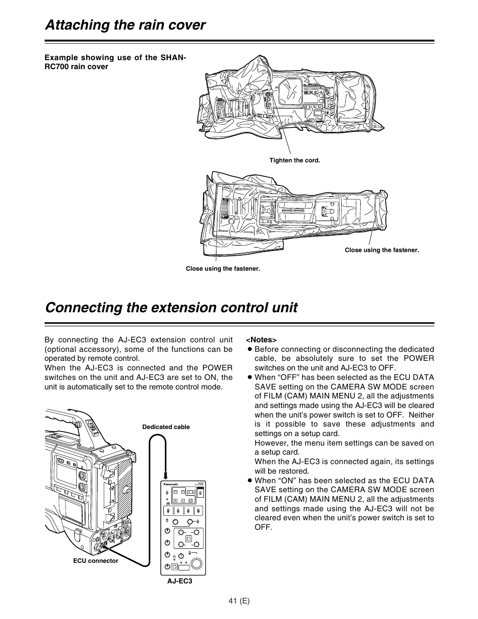 Connecting the extension control unit, Attaching the rain cover | Panasonic AJ-HDC27FE User Manual | Page 41 / 136
