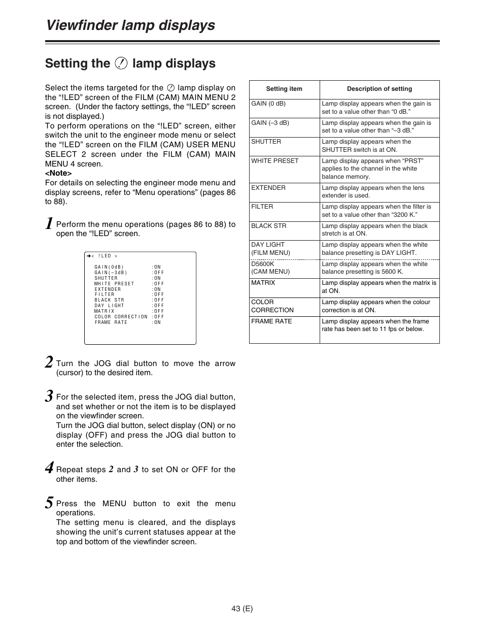 Viewfinder lamp displays, Setting the lamp displays | Panasonic AJ-HDC27FE User Manual | Page 43 / 136