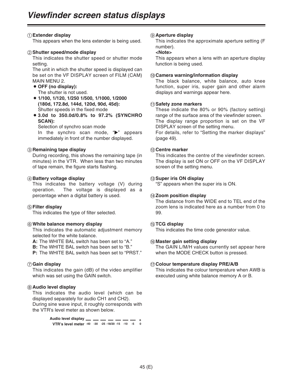 Viewfinder screen status displays | Panasonic AJ-HDC27FE User Manual | Page 45 / 136