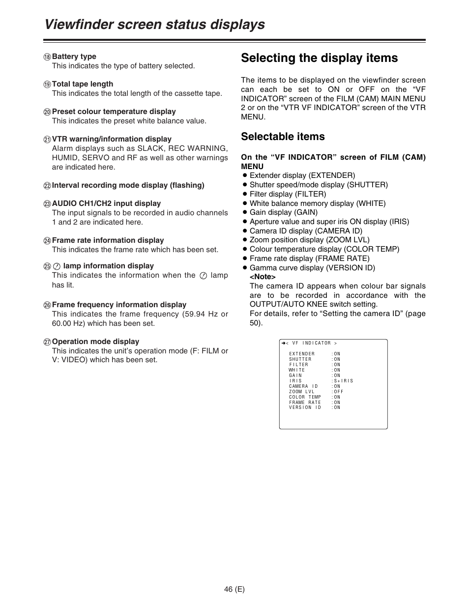 Viewfinder screen status displays, Selecting the display items, Selectable items | Panasonic AJ-HDC27FE User Manual | Page 46 / 136