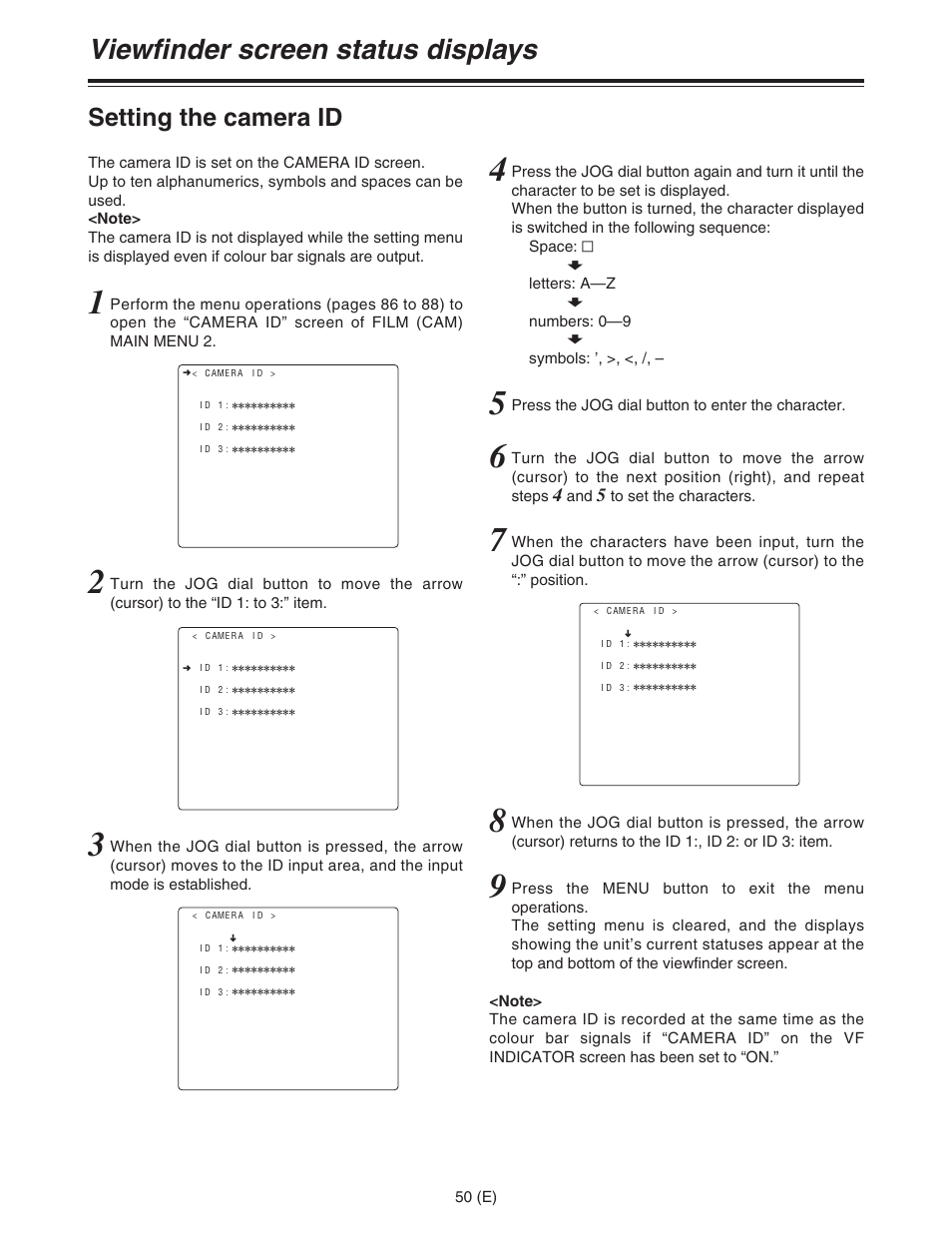 Viewfinder screen status displays, Setting the camera id | Panasonic AJ-HDC27FE User Manual | Page 50 / 136