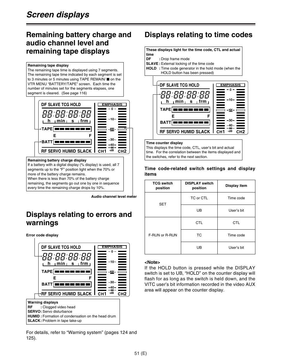 Screen displays, Displays relating to errors and warnings, Displays relating to time codes | Panasonic AJ-HDC27FE User Manual | Page 51 / 136