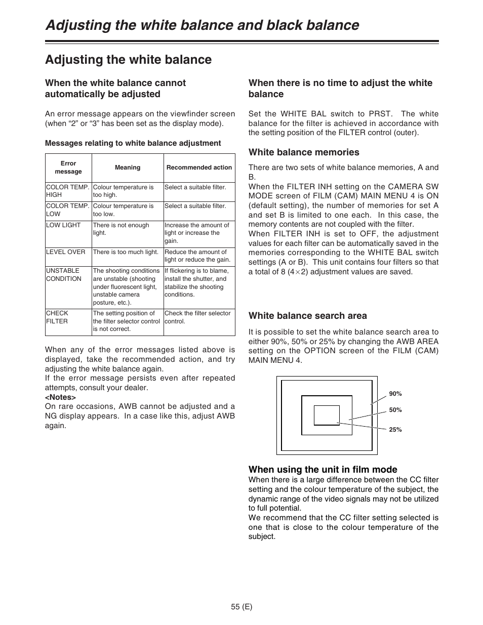 Adjusting the white balance and black balance, Adjusting the white balance, When there is no time to adjust the white balance | White balance search area, When using the unit in film mode | Panasonic AJ-HDC27FE User Manual | Page 55 / 136