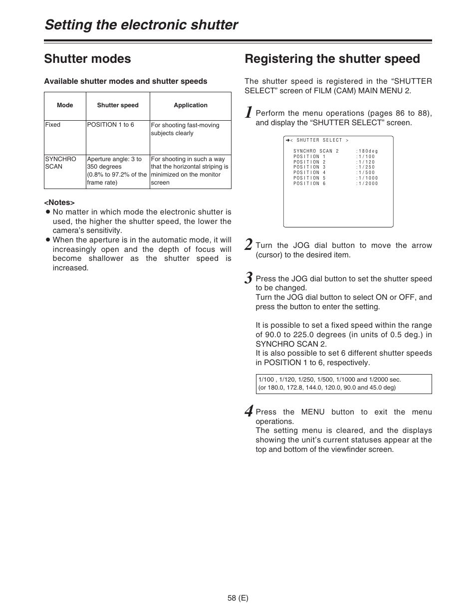 Setting the electronic shutter, Shutter modes, Registering the shutter speed | Panasonic AJ-HDC27FE User Manual | Page 58 / 136