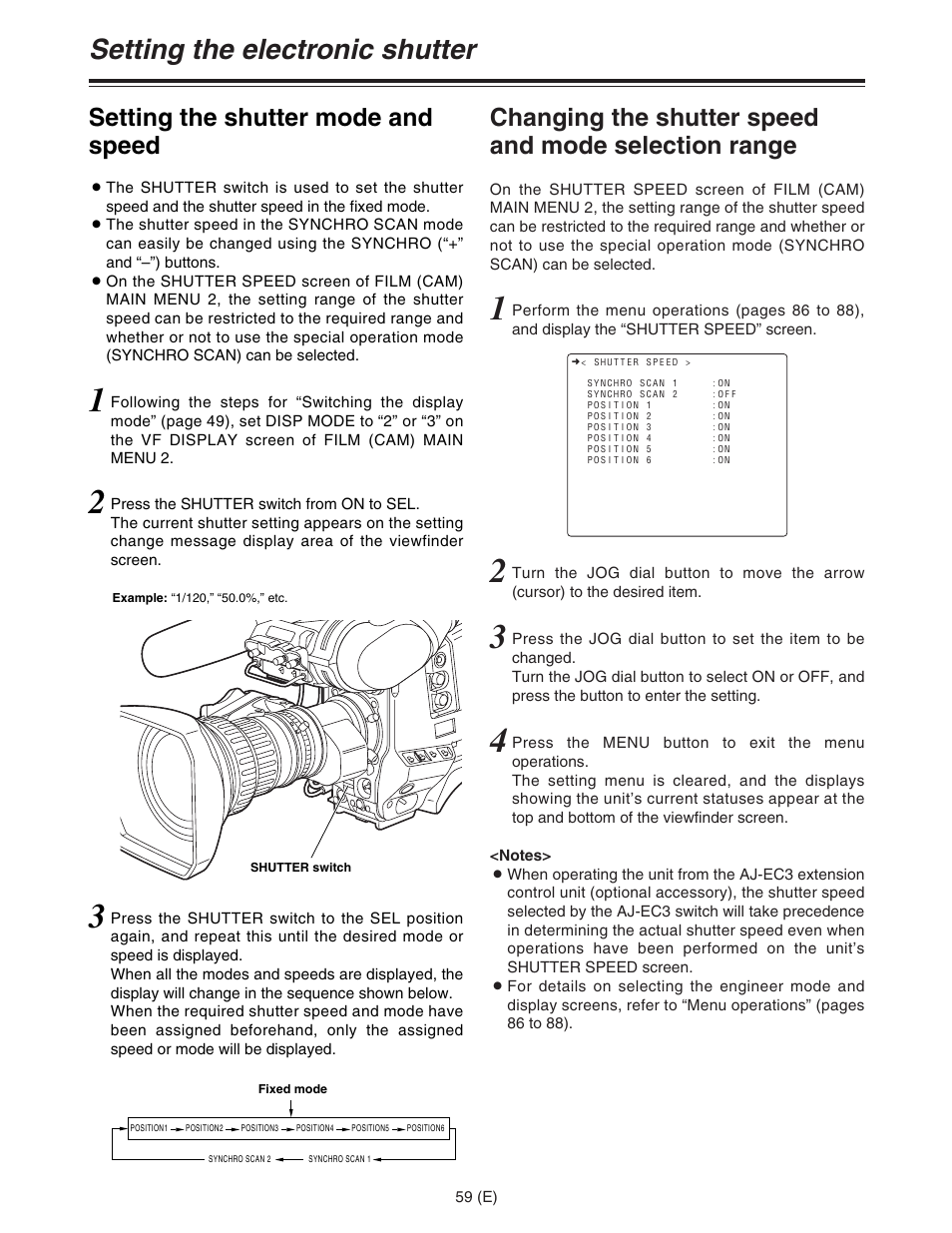 Setting the electronic shutter, Setting the shutter mode and speed | Panasonic AJ-HDC27FE User Manual | Page 59 / 136