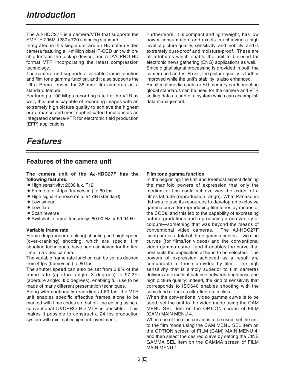 Introduction features, Features of the camera unit | Panasonic AJ-HDC27FE User Manual | Page 6 / 136
