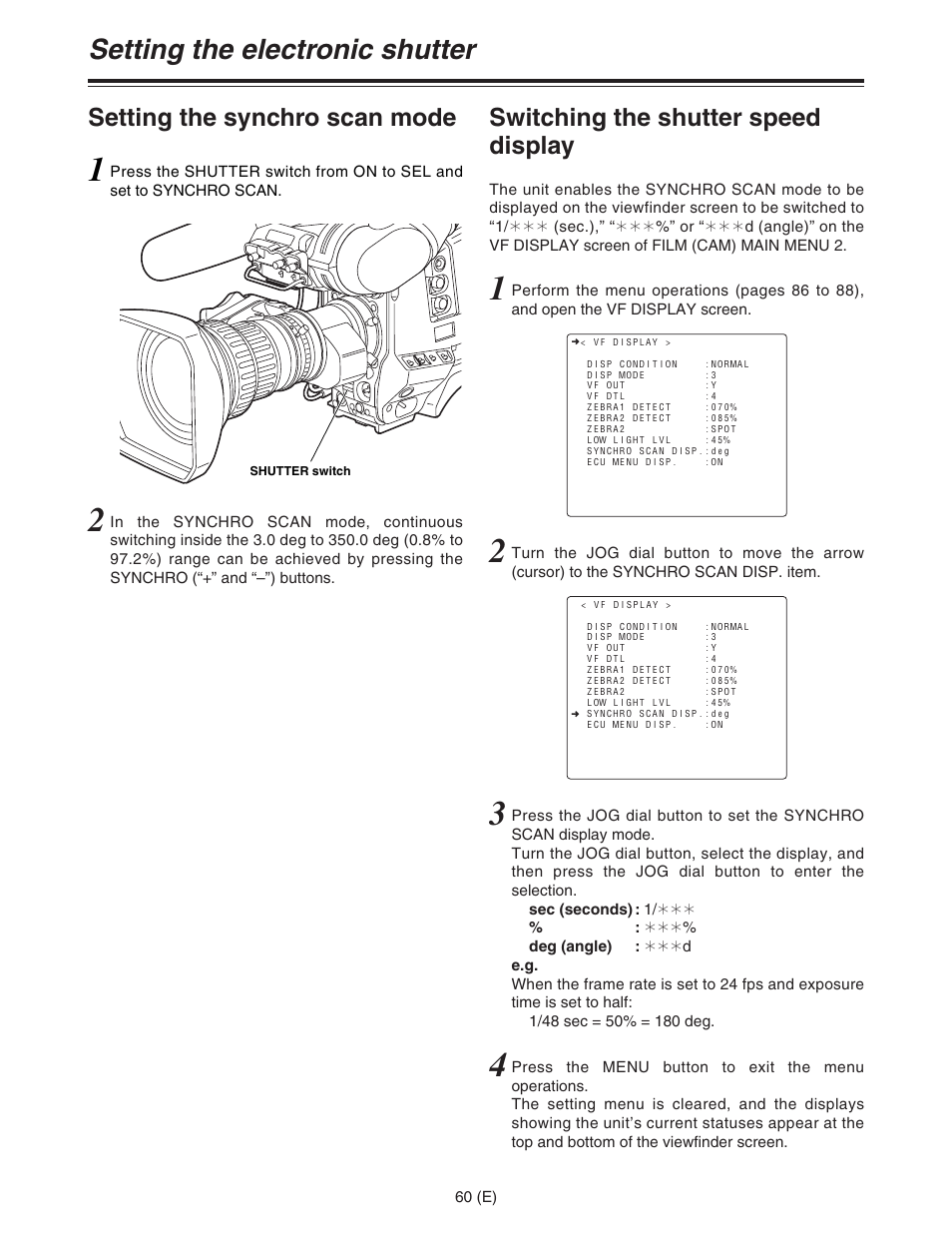 Setting the electronic shutter, Switching the shutter speed display, Setting the synchro scan mode | Panasonic AJ-HDC27FE User Manual | Page 60 / 136