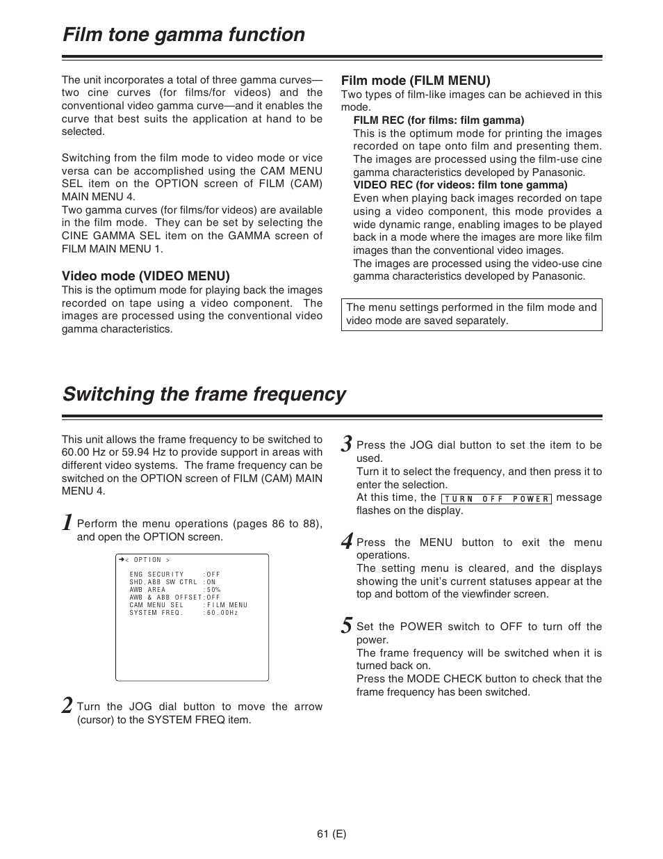 Film tone gamma function, Switching the frame frequency | Panasonic AJ-HDC27FE User Manual | Page 61 / 136