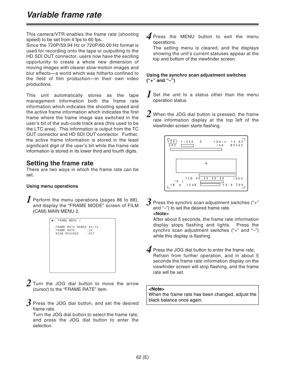 Variable frame rate, Setting the frame rate | Panasonic AJ-HDC27FE User Manual | Page 62 / 136