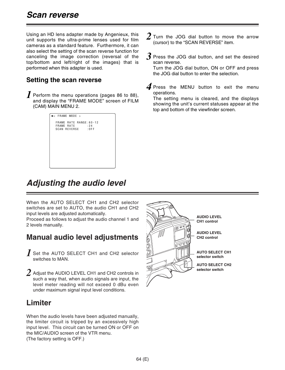 Adjusting the audio level, Scan reverse, Manual audio level adjustments | Limiter | Panasonic AJ-HDC27FE User Manual | Page 64 / 136