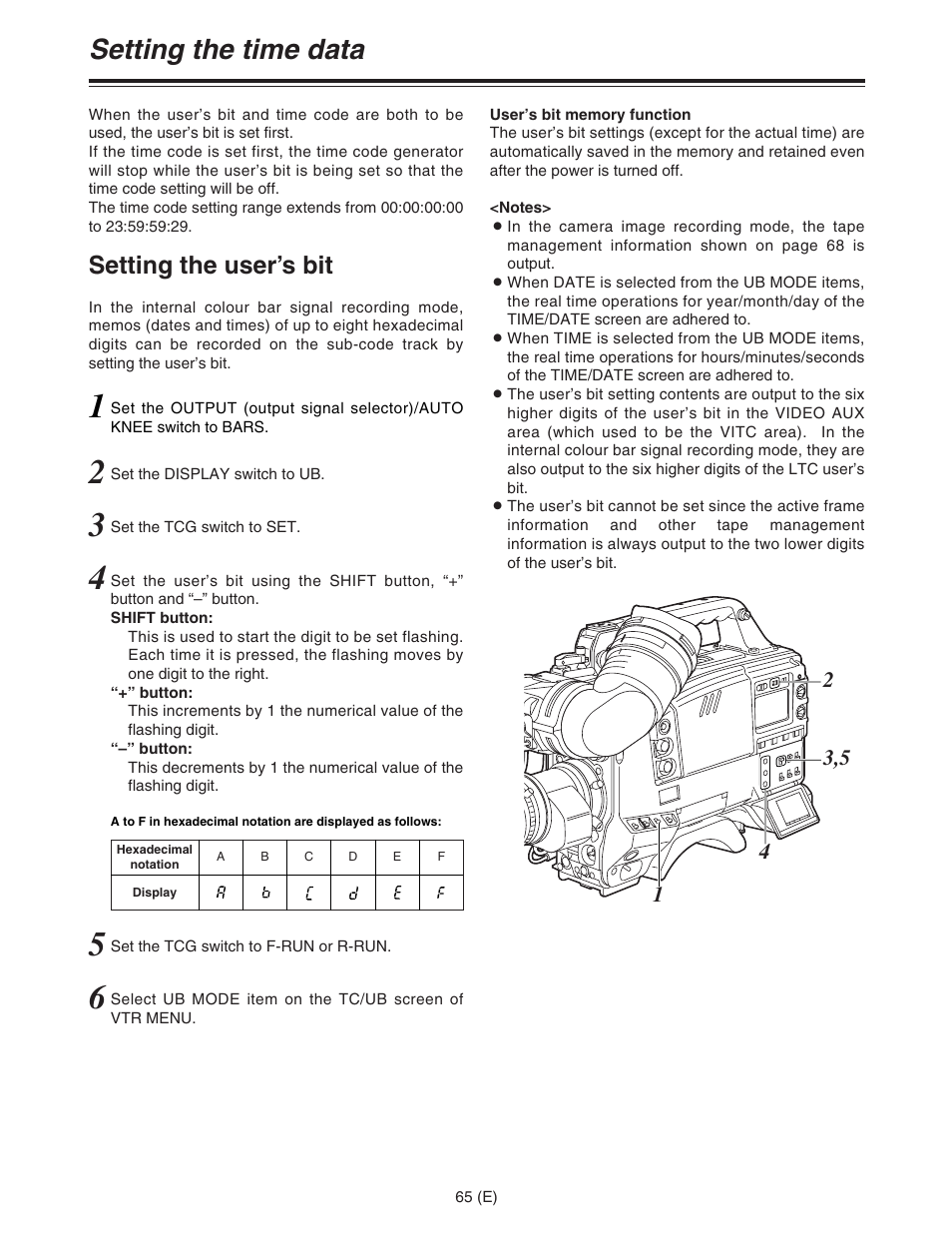 Setting the time data, Setting the user’s bit | Panasonic AJ-HDC27FE User Manual | Page 65 / 136