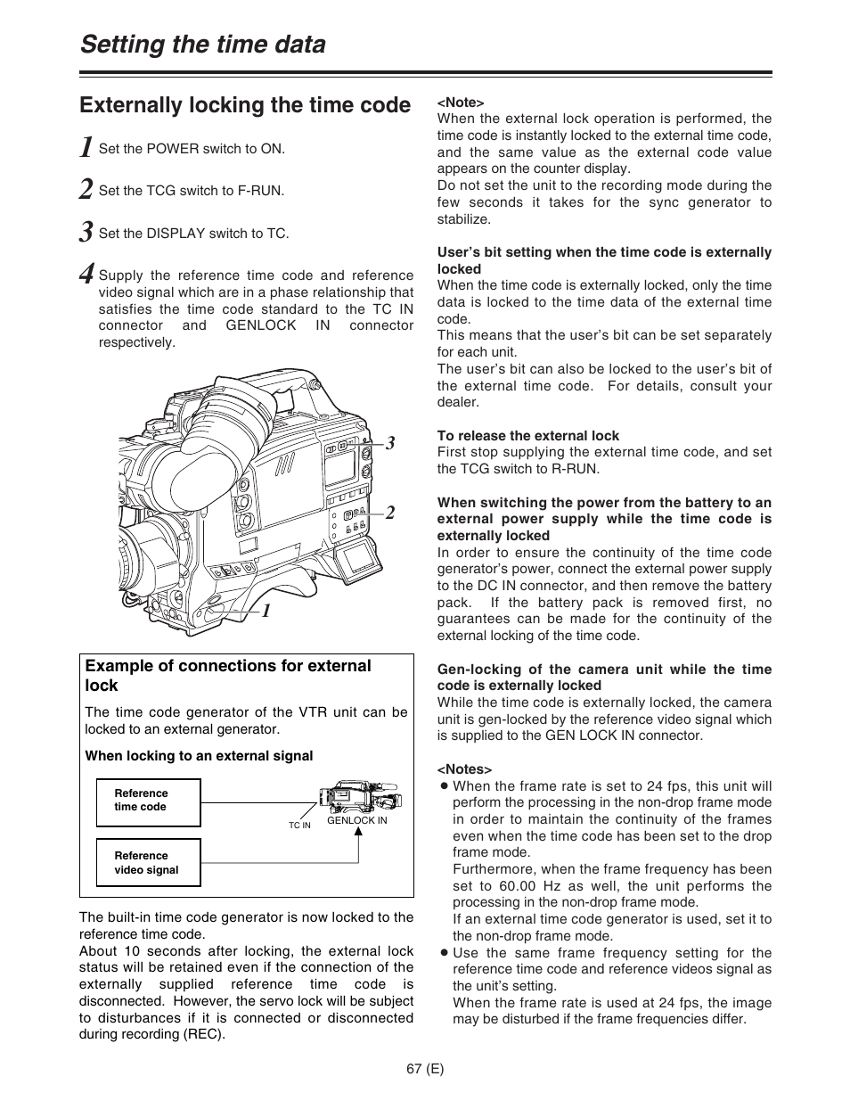 Setting the time data, Externally locking the time code | Panasonic AJ-HDC27FE User Manual | Page 67 / 136