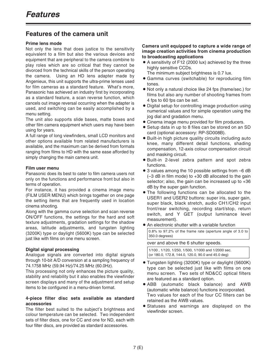 Features, Features of the camera unit | Panasonic AJ-HDC27FE User Manual | Page 7 / 136
