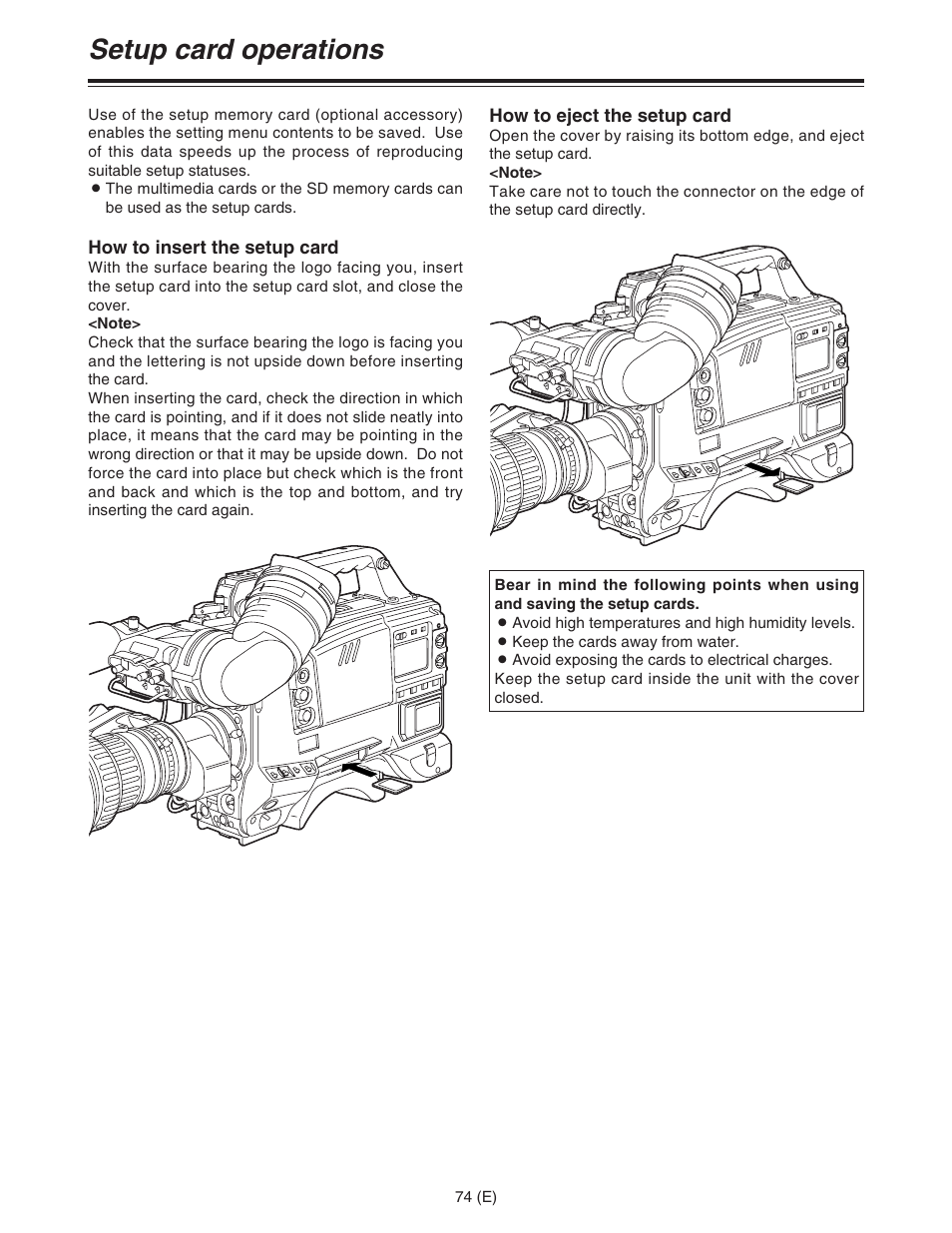 Setup card operations | Panasonic AJ-HDC27FE User Manual | Page 74 / 136