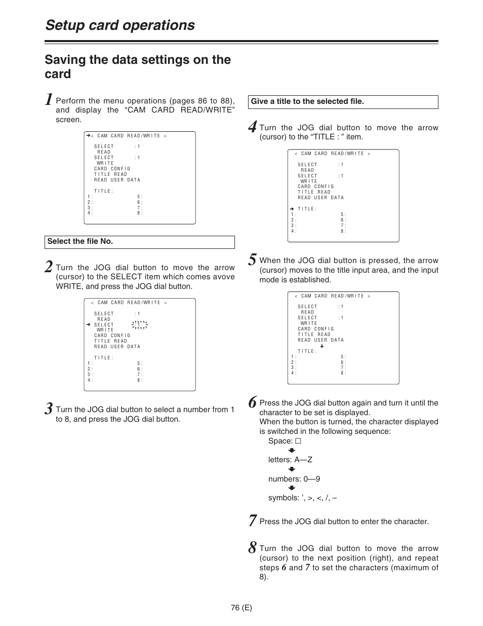Setup card operations, Saving the data settings on the card | Panasonic AJ-HDC27FE User Manual | Page 76 / 136
