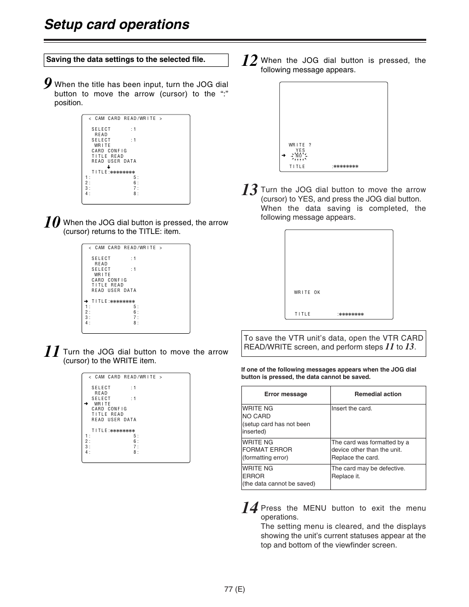 Setup card operations | Panasonic AJ-HDC27FE User Manual | Page 77 / 136