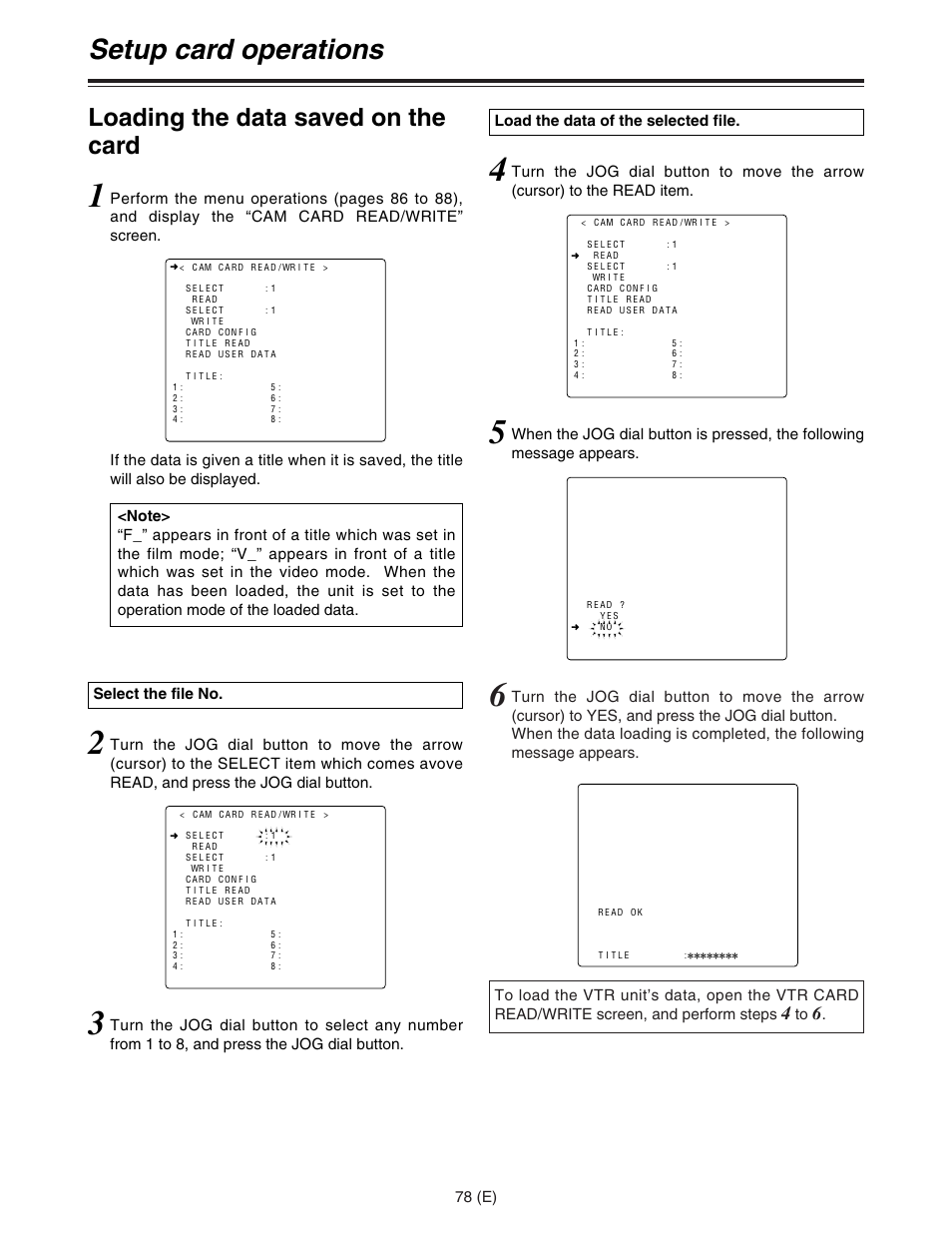 Setup card operations, Loading the data saved on the card | Panasonic AJ-HDC27FE User Manual | Page 78 / 136