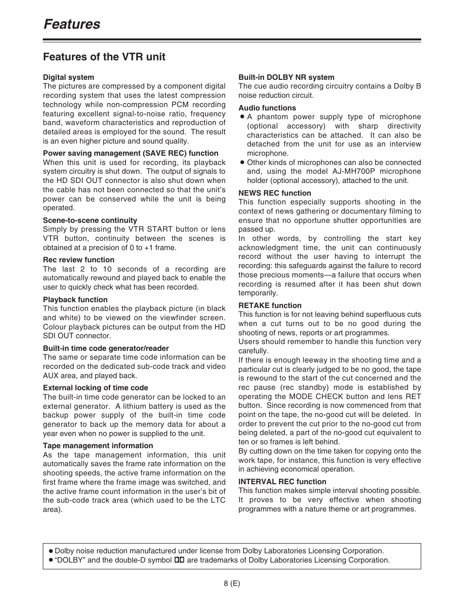 Features, Features of the vtr unit | Panasonic AJ-HDC27FE User Manual | Page 8 / 136