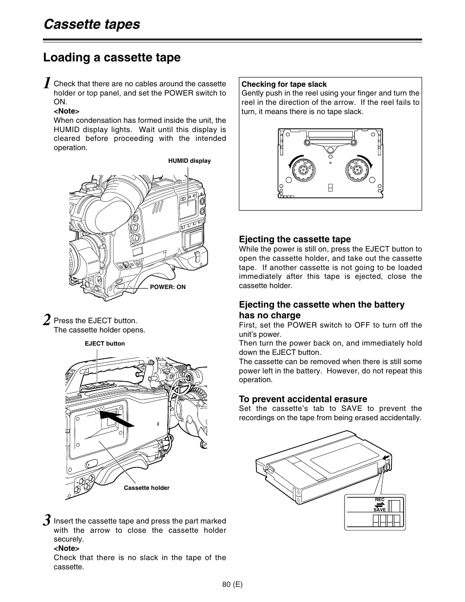 Cassette tapes, Loading a cassette tape | Panasonic AJ-HDC27FE User Manual | Page 80 / 136