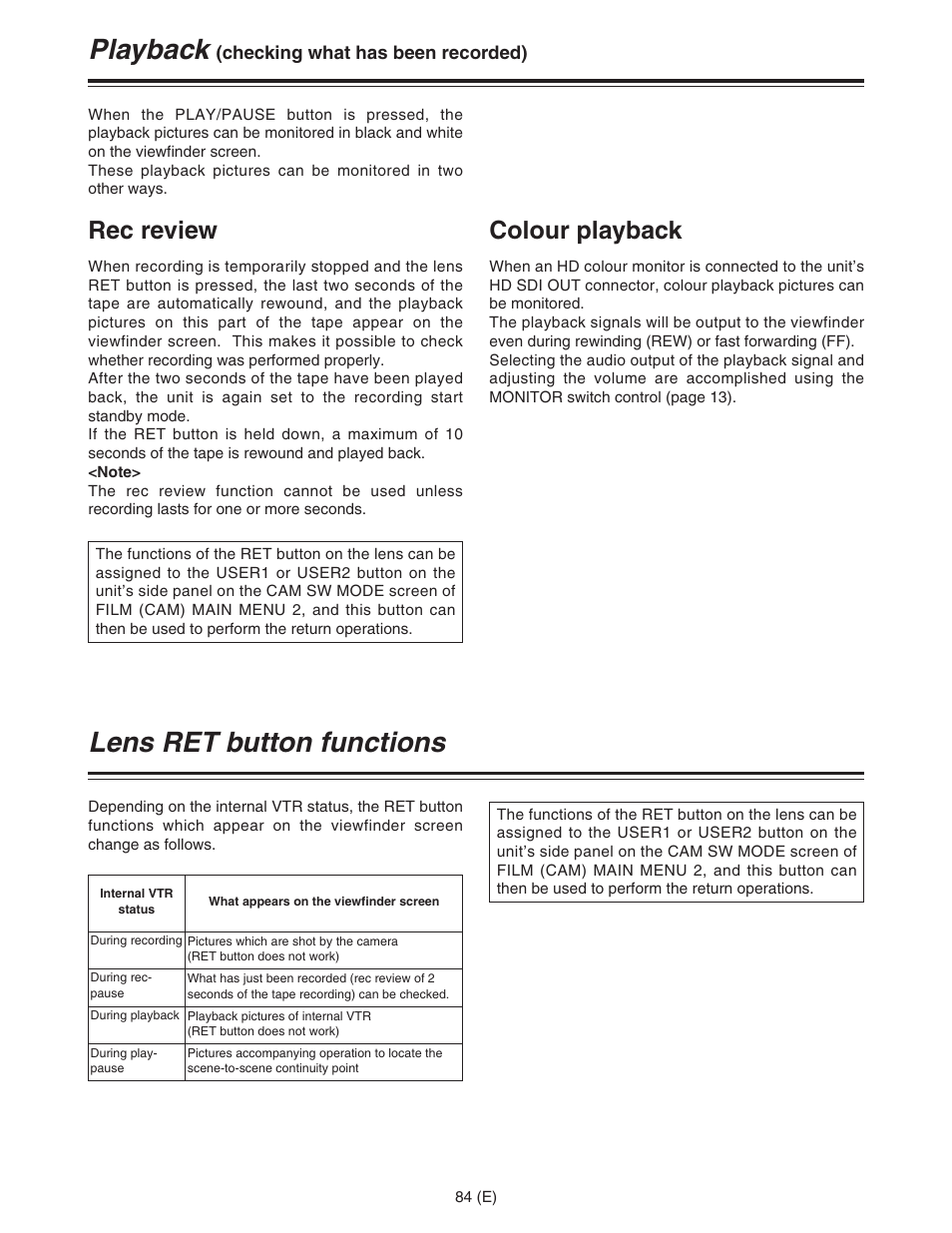 Playback, Lens ret button functions, Rec review | Colour playback | Panasonic AJ-HDC27FE User Manual | Page 84 / 136