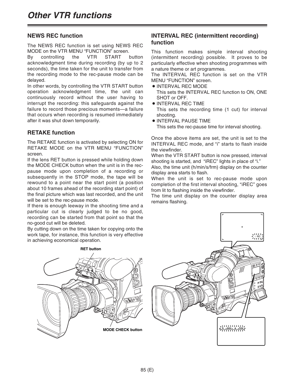 Other vtr functions, News rec function, Retake function | Interval rec (intermittent recording) function | Panasonic AJ-HDC27FE User Manual | Page 85 / 136