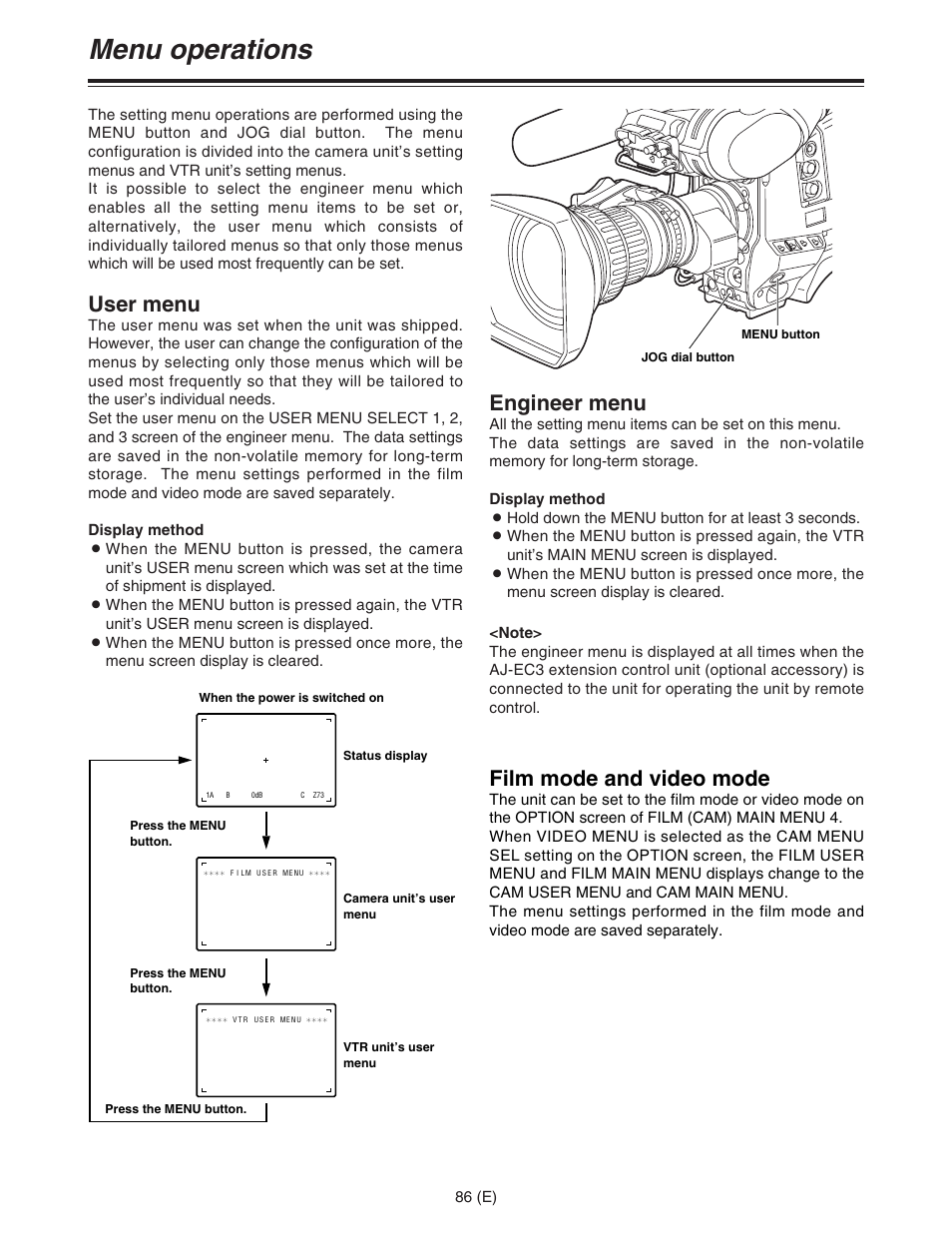 Menu operations, User menu, Engineer menu | Film mode and video mode | Panasonic AJ-HDC27FE User Manual | Page 86 / 136