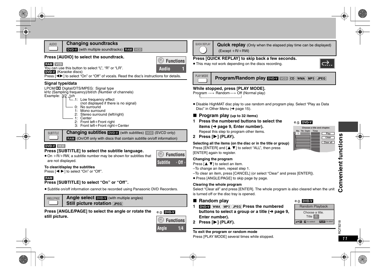 Con veni ent funct ions | Panasonic RQT8218-P User Manual | Page 11 / 24