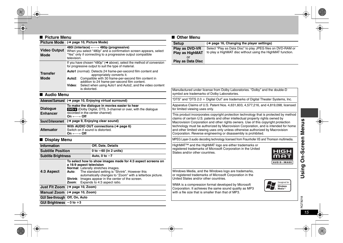 Usi ng on- s creen men u s | Panasonic RQT8218-P User Manual | Page 15 / 24