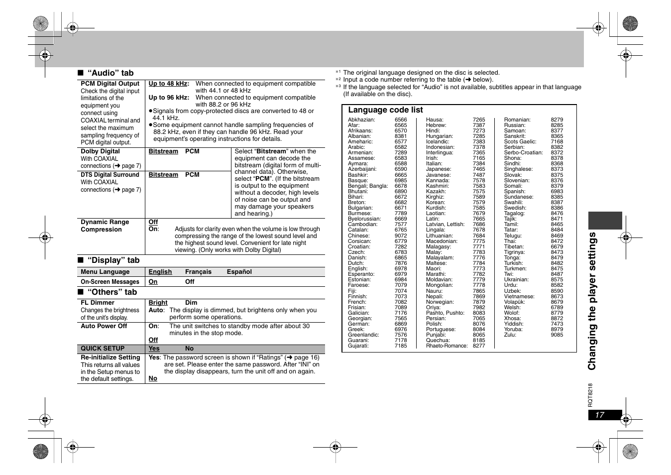 Changing t he pl a y er sett ings, Audio” tab ∫ “display” tab ∫ “others” tab, Language code list | Panasonic RQT8218-P User Manual | Page 17 / 24